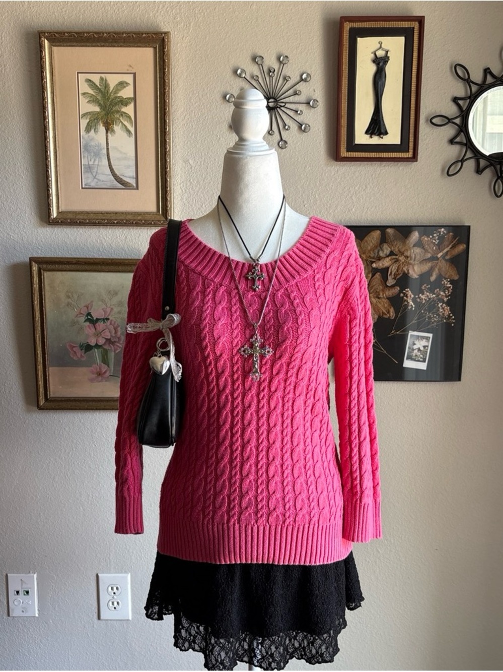 Faded Glory Hot Pink Cable Knit V-Neck Sweater